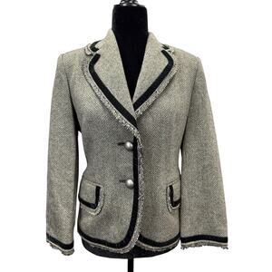 Banana Republic Wool Tweed Blazer Fringe Trim Black Velvet Trim Classic sz 6